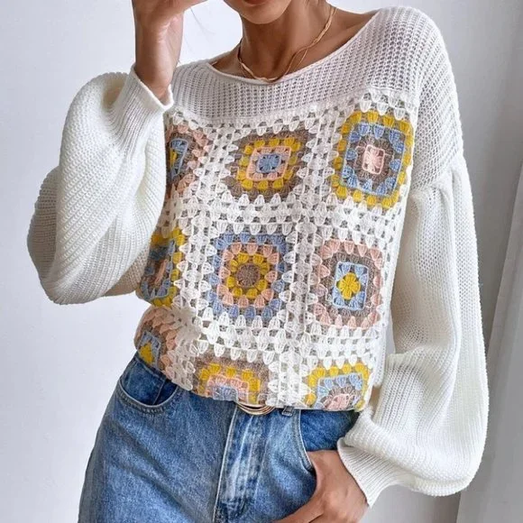 Boho Crochet Floral Detail Knit Sweater top cream - Picture 6 of 6